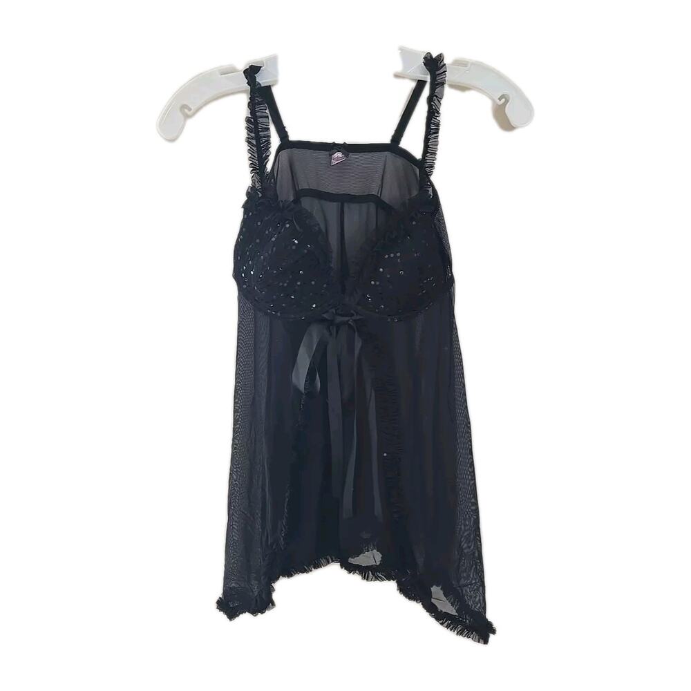 Victoria's Secret Sexy Little Things Black Sequin Babydoll Chemise Womans Sz 36C